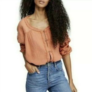Free People Frayed Raw Trim Cotton Blouse